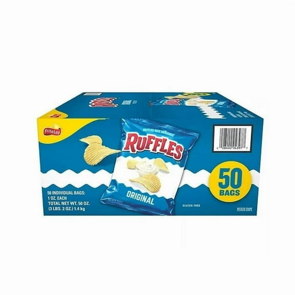 Ruffles ORIGINAL 50 Bags 1 oz EACH Total 50 oz Classic Ridged Potato Chips Lunchbox / Office / Vending / Party BULK BOX