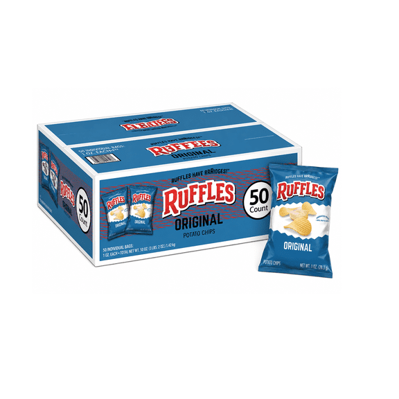 Ruffles Original Ridged Potato Chips, 1 oz Individual Bags, 50 Count Bulk Box