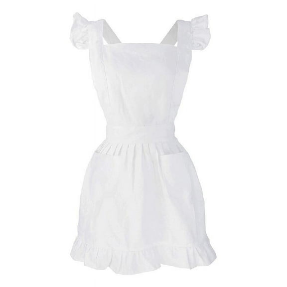 Ruffles Outline Retro White Apron with Pockets Adjustable Victorian Maid Bib