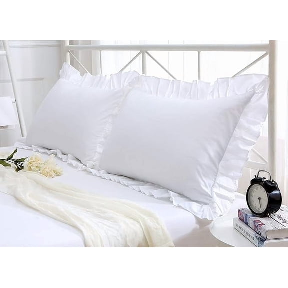Ruffles Pillow Cases Shams Covers White Queen Size 2 Pack Egyptian Cotton 20x30 inches Soft Thick