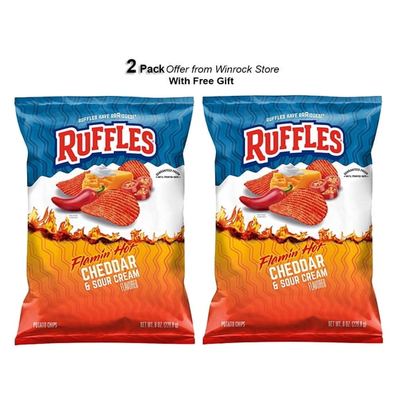 Ruffles Flamin' Hot Cheddar and Sour Cream Flavored Potato Snack Chips, 8 Ounce Bag (2 Pack) Free Gift from Winrock Store