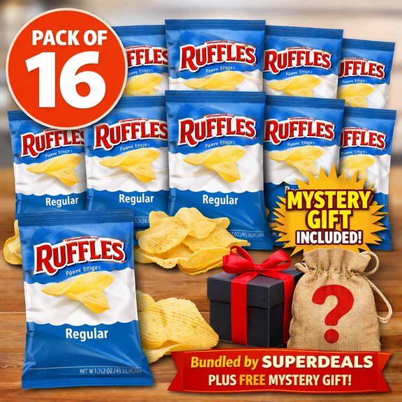  Ruffles Potato Chips Regular, 1.5 oz Bags (Pack of 16) | Classic Ridged Potato Chips Snack Pack | Value Pack Bundled by SUPERDEALS with Mystery Gift 