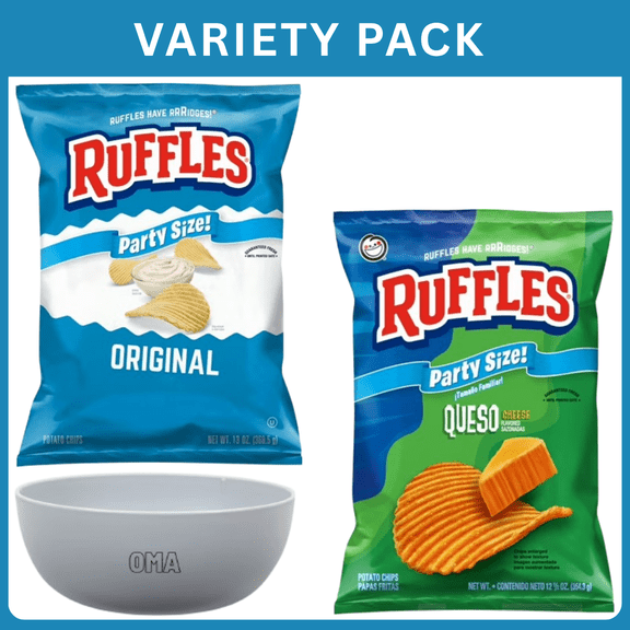 Ruffles Potato Chips Queso 12.5 oz + Ruffles Original Flavor Potato Snack Chips Party Size 13 oz ,Variety Pack with Bowl by OMA.