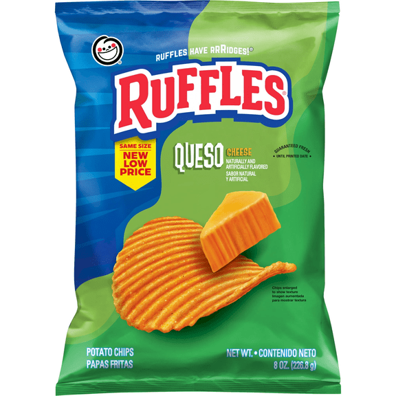 Ruffles Potato Chips Queso Cheese Flavored Snack Chips, Snacks, Large Bag 8 Ounce Bag
