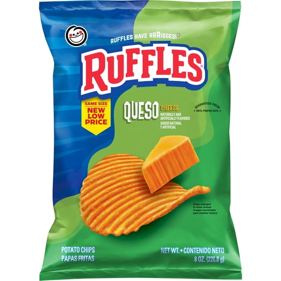 Ruffles Potato Chips Queso Cheese Flavored Snack Chips, Snacks, Large Bag 8 Ounce Bag