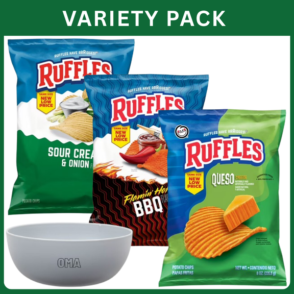 Ruffles Potato Chips Sour Cream & Onion Flavor 8 oz + Ruffles Queso Cheese Flavored Snack Chips 8 oz + Ruffles Flamin Hot BBQ Flavored Potato Snack Chips 8 oz, Variety Pack with Bowl by OMA.
