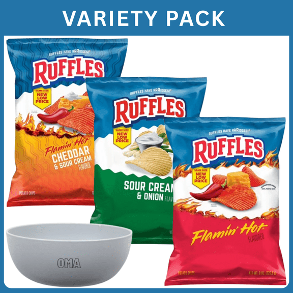 Ruffles Potato Chips Sour Cream & Onion Flavored Snack Chips+Ruffles Flamin Hot Flavored +Ruffles Flamin Hot Cheddar & Sour Cream Flavored Potato Snack Chips-24oz.Variety Pack with bowl by OMA.