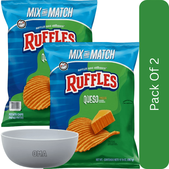 Ruffles Queso Cheese Flavored Potato Chips, 15.125 oz-2pk, With Olive White Bowl By OMA