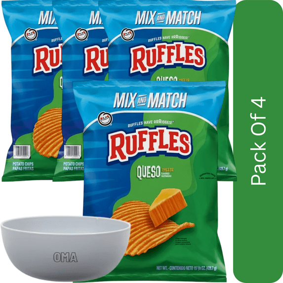 Ruffles Queso Cheese Flavored Potato Chips, 15.125 oz-4pk, With Olive Green Bowl By OMA