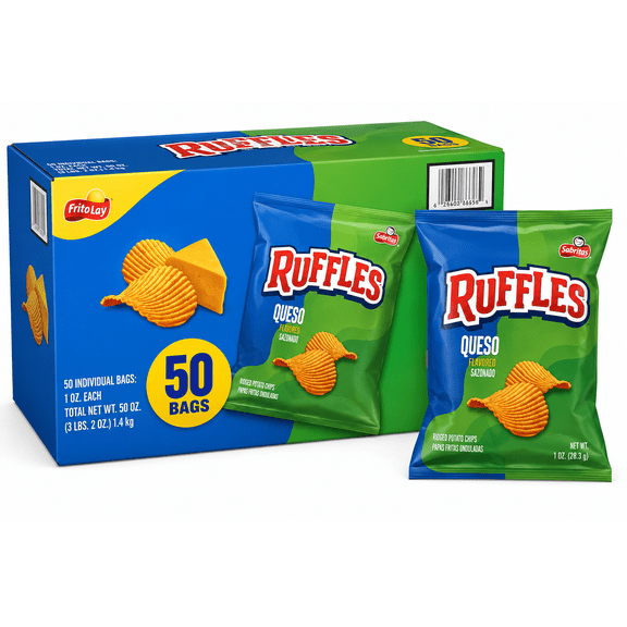 Ruffles Queso Cheese Flavored Potato Chips, 50 Bags, 1 Oz Bags