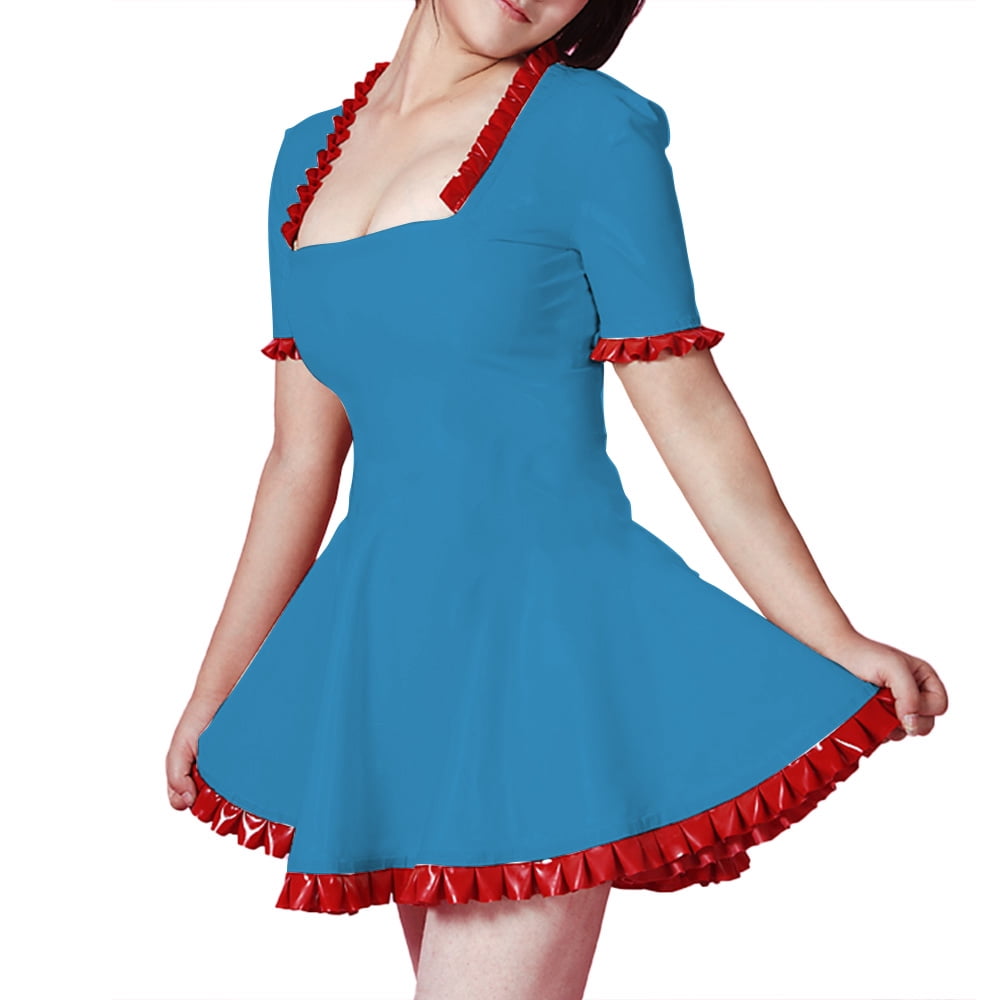 Ruffles Short Sleeve A Line Pleated Pvc Mini Dress Smoothing Faux
