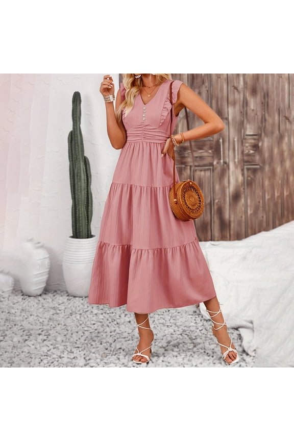 Ruffles Are Slim Solid Color Jacquard Long Sleeveless Dress Spring Summer Women's Dress Cake Dress Womens Short Dresses Shopping Women Dresses Dress Casual Short Petite Summer Dresses for Women Petite