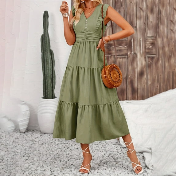 Ruffles Are Slim Solid Color Jacquard Long Sleeveless Dress Spring Summer Women's Dress Cake Dress Womens Short Dresses Shopping Women Dresses Dress Casual Short Petite Summer Dresses for Women Petite