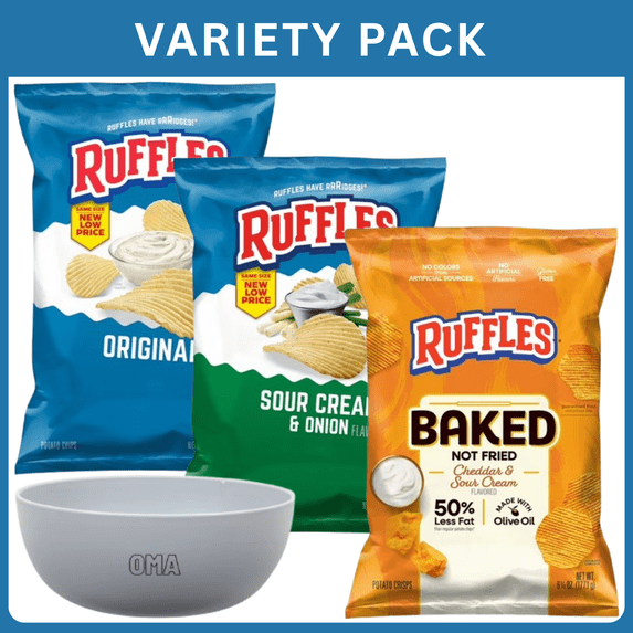 Ruffles Sour Cream & Onion Potato Chips 8 oz + Ruffles Original Potato Chips 8.5 oz + Ruffles Baked Cheddar & Sour Cream Potato Chips 6.25 oz ,Variety Pack with Bowl by OMA.