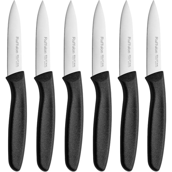 Ruffulon Straight Edge Paring Knife Set of 6, Stainless Steel Small Kitchen Knife, Ultra Sharp Peeling Knife, Fruit Knife with Black Plastic Handle