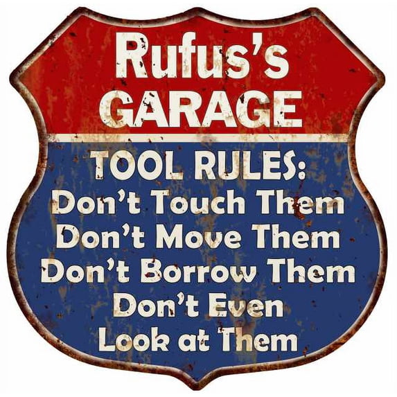 Rufus's Garage Man Cave Rules Sign Shield Metal Gift 211110001225