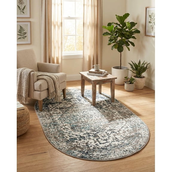 Rug 3' 1 x 5' 3 Oval Gray Area Rug Coastal Medallion Design for Entryways, Bedrooms, and Small Living Spaces