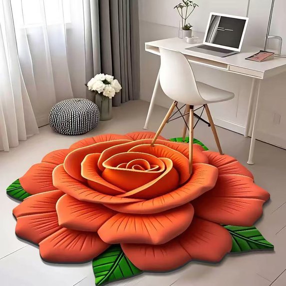 Rug 3 D Flower Mat Soft Carpet Non-Slip Area Carpet Dining Room Home Bedroom Carpet Floor Washable Rug Orange 60x60cm
