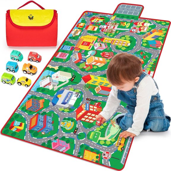Rug, 31.5"X67" Play Mat with Roads for | Portable, Anti-Slip, Educational City Life Traffic Carpet, For 6