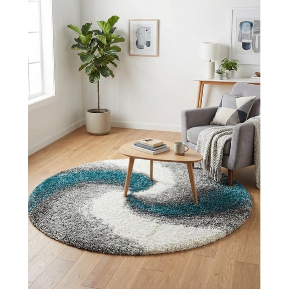 Rug 4 Ft Round Turquoise Shag Rug Plush Modern Swirl Design for Bedrooms and Nurseries