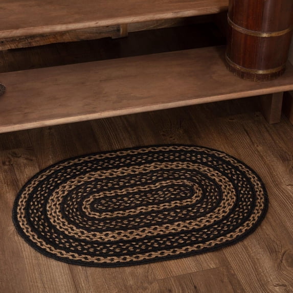 VHC Brands Farmhouse Primitive Jute Black Striped Accent Rug Oval 20"x30"