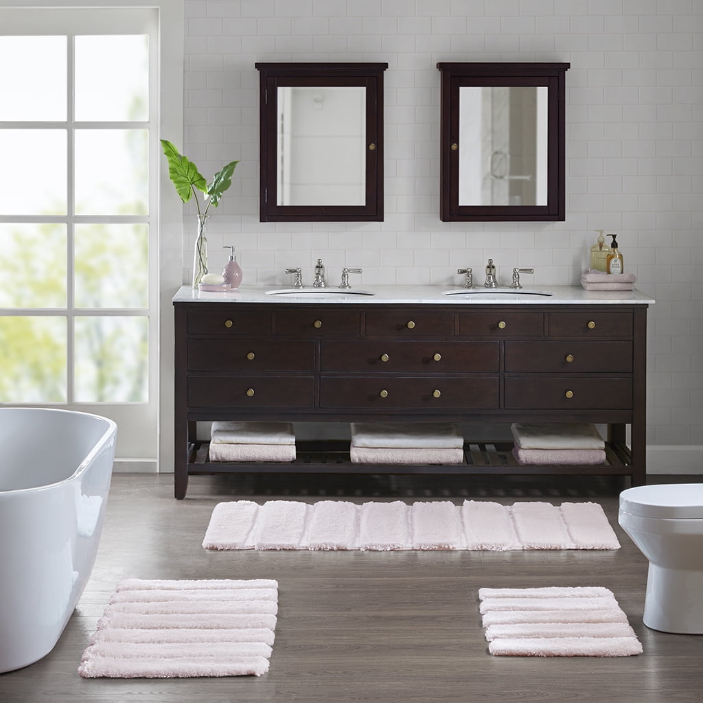 Rug Blush 21x34 Inches High-Low Stripe Tufted Bath Rug Macro-Spun Polyester Shabby Chic Bathroom Mat Non-Slip Machine Washable