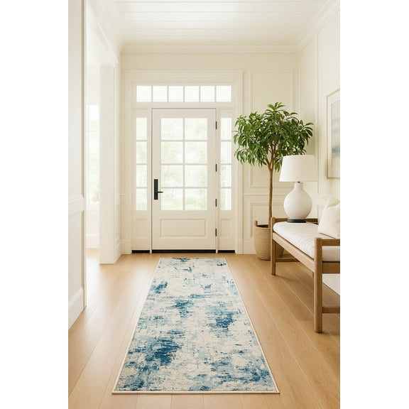 Rug Branch Contemporary Abstract  Blue Cream Indoor Runner Rug - 2x8