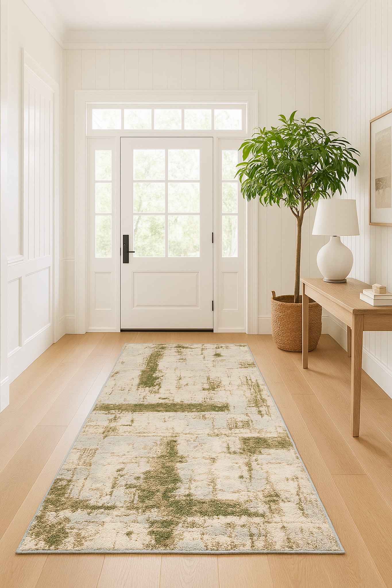 Rug Branch Contemporary Abstract  Green Beige Indoor Runner Rug - 2x13