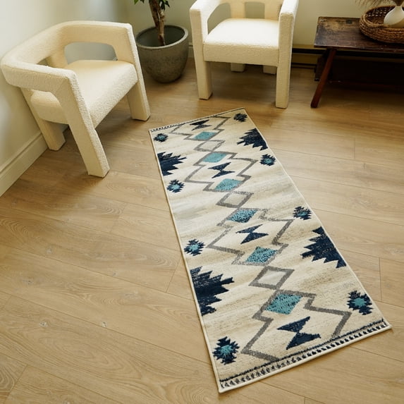 Rug Branch Contemporary Boho Blue Beige Indoor Doormat Rug - 2x4