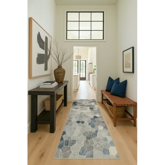 Rug Branch Contemporary Geometric  Blue Beige Indoor Runner Rug - 2x8