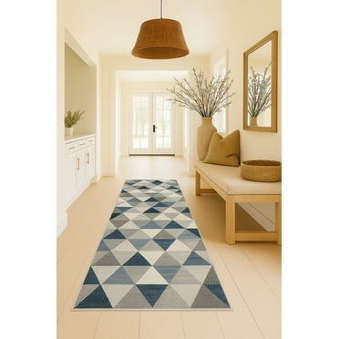 Rug Branch Contemporary Geometric Coastal Blue Beige Indoor Runner Rug - 2x20