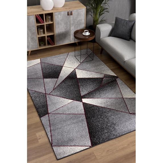 Rug Branch Contemporary Geometric Grey Red Indoor Runner Rug - 2x10