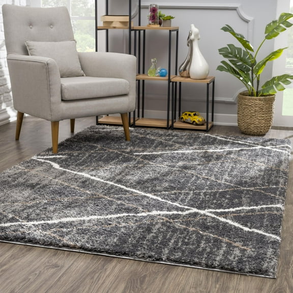 Rug Branch Contemporary Geometric Shag Grey White Indoor Area Rug - 6x9