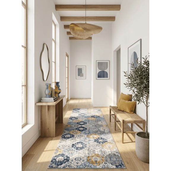 Rug Branch Contemporary Mid-Century Modern Blue Grey Indoor Runner Rug - 2x8