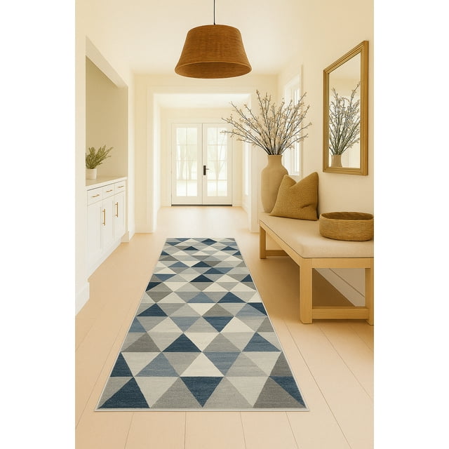 Rug Branch Havana 2' x 19' (Exact Size: 2'3" x 19') Geometric Indoor Runner Rug, Blue Beige, Coastal - Entryway, Hallway, Bathroom, and Kitchen