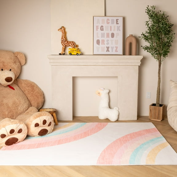 Rug Branch Kids Rainbow Soft Playmat Pink Cream Indoor Soft Area Rug - 4x6