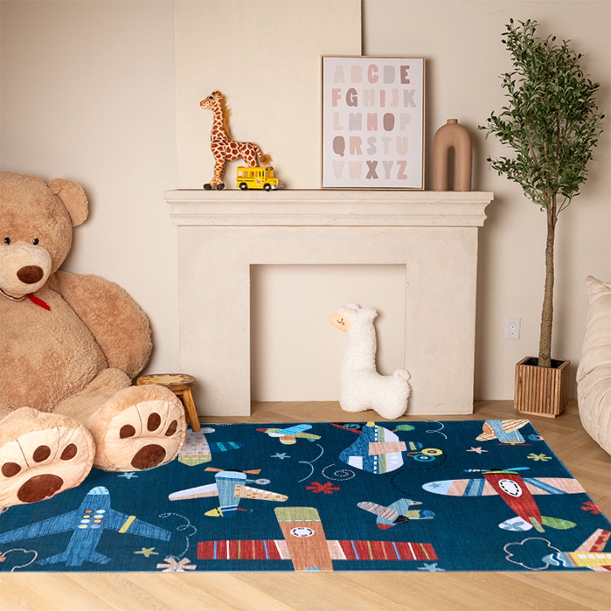 Blue Synthetic Kids Rectangular Airplane Playmat 4' x 6'