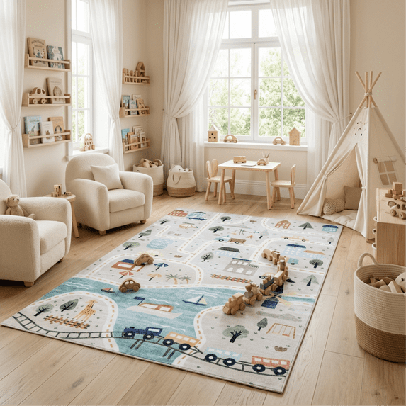 Rug Branch Kids Soft Steps Playtime City Road Map, Educational Learning Blue Grey Indoor Soft Area Rug - 6x9