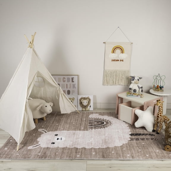Rug Branch Kids Soft Steps Playtime Llama Brown Beige Indoor Soft Area Rug - 4x6