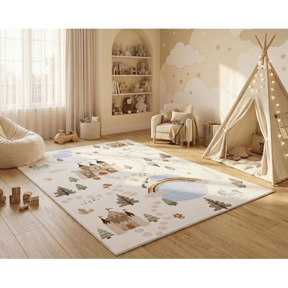 Rug Branch Kids Soft Steps Playtime Unicorns, Castle, Road Map White Blue Indoor Soft Area Rug - 5x7