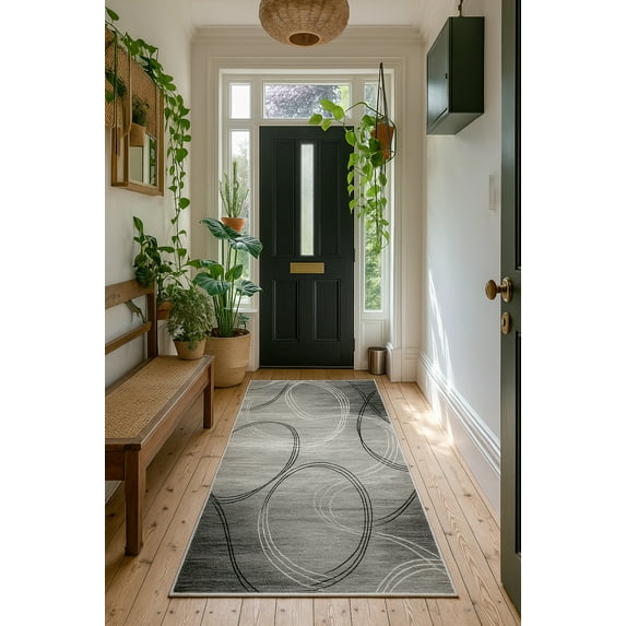 Rug Branch Modern Abstract Swirls Grey Black Indoor Runner Rug - 2x15