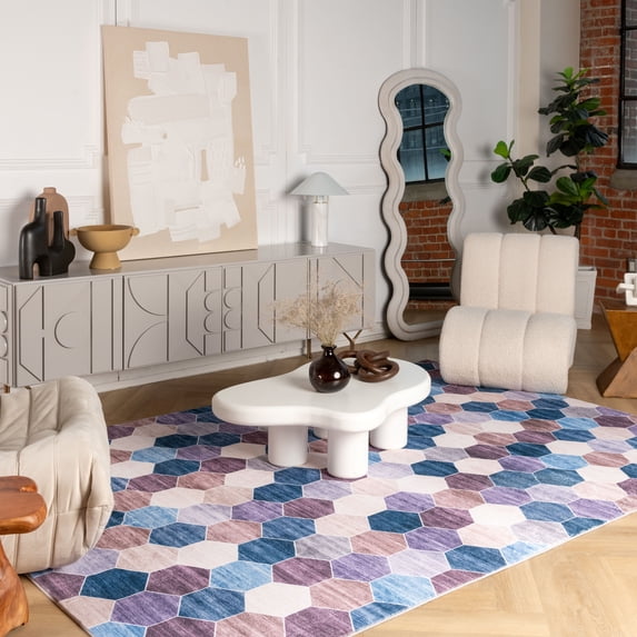 Rug Branch Modern Checkered Geometric Purple Cream Indoor Soft Area Rug - 6x9
