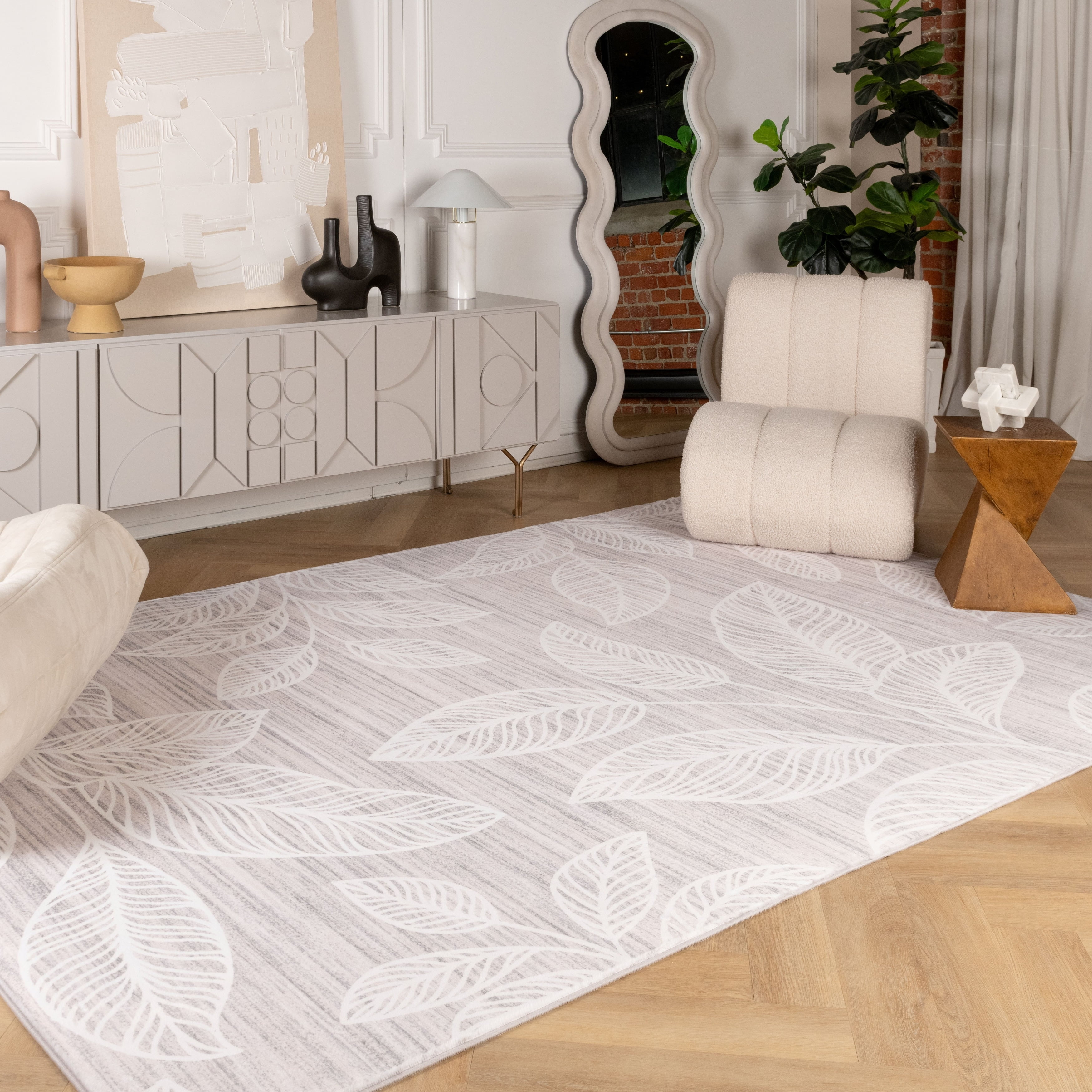 Modern Floral Cream Beige Synthetic Stain-Resistant Area Rug