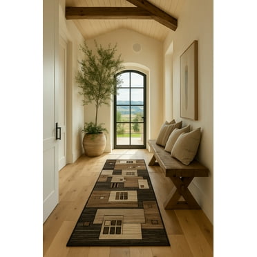 Rug Branch Modern Geometric Checkered Brown Beige Indoor Runner Rug - 2x20