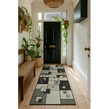 Rug Branch Modern Geometric Checkered Grey Black Indoor Runner Rug - 3x13