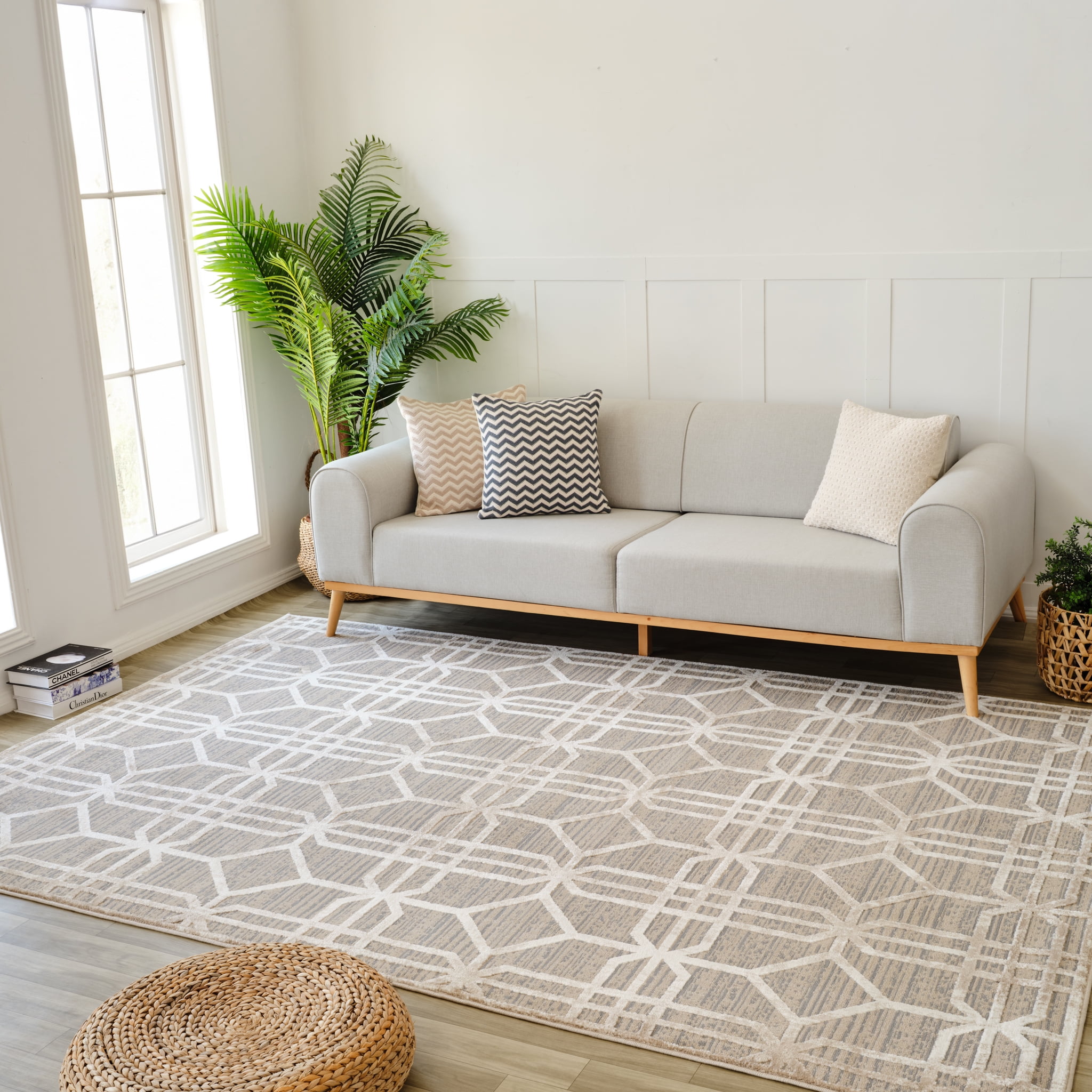 Beige and Brown Geometric Pattern Medium Pile Area Rug