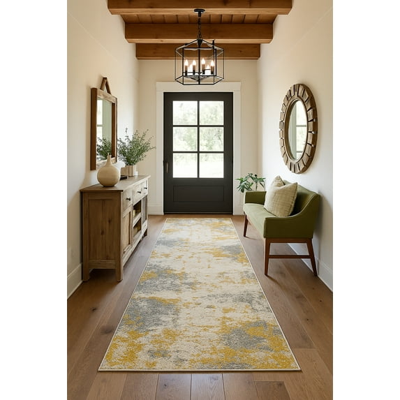 Rug Branch Vogue 2' x 18' (Exact Size: 2'3" x 18') Abstract Indoor Runner Rug, Gold Grey, Contemporary - Entryway, Hallway, Bathroom, and Kitchen