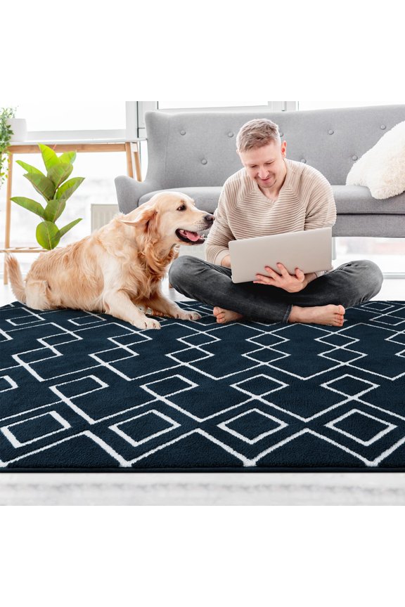 Rug For Living Room, Navy Blue Area Rugs With Memory Foam For Bedroom Dorm, Fluffy Shaggy Machine Washable Moroccan Geometric Carpet For Girls Kids Nursery Play Room Indoor