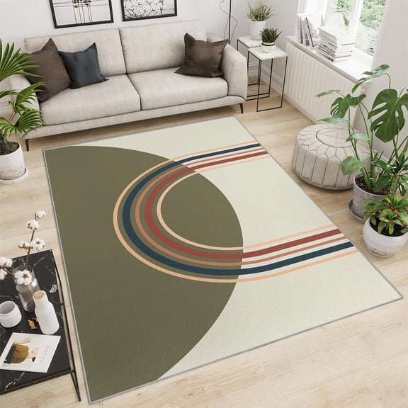 Rug Green Geometric Semicircle Area Rug, Bohemian Art Style Rugs for Living Room, with Anti Slip Backing Washable Indoor Carpet for Living Room Bedroom Study Dining Room-4' x 5'