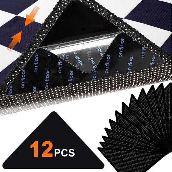 Rug Grippers, 12-Pcs Non Slip Tape Reusable Washable Carpet Hardwood Floor Area Rugs Tile Pad Grippers Keep Corners Flat